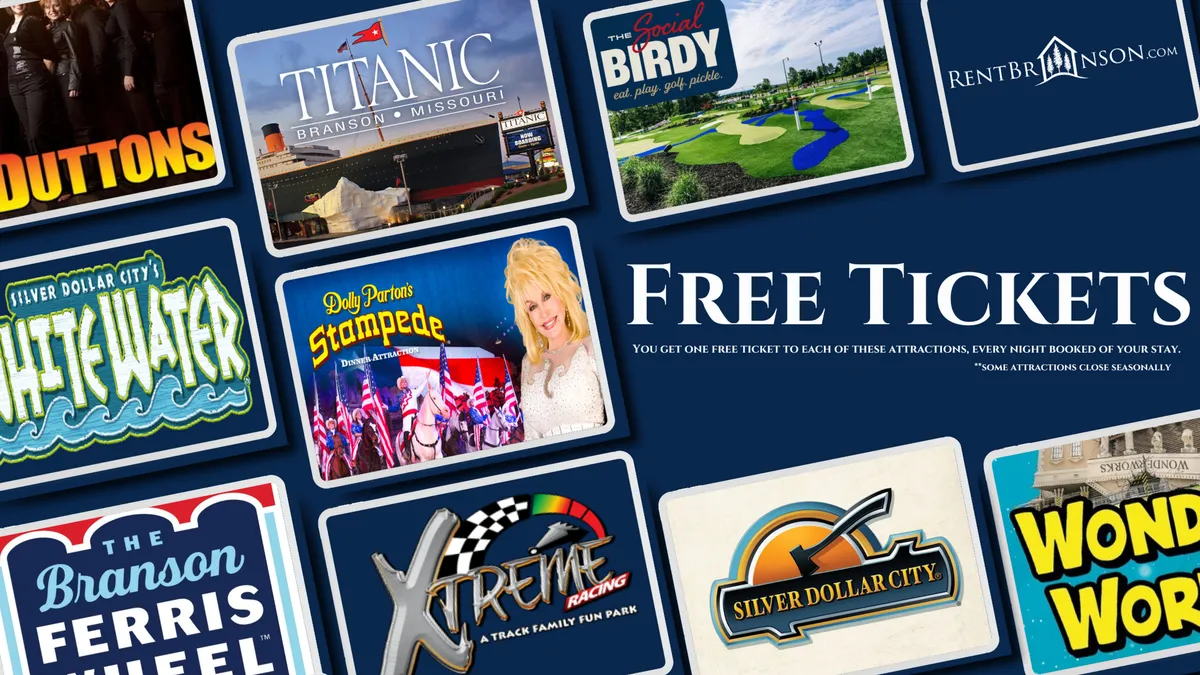 A vibrant, attention-grabbing graphic featuring 'Free Tickets' text, popular Branson attraction logos, and lively, colorful imagery representing theme parks, shows, and family activities.